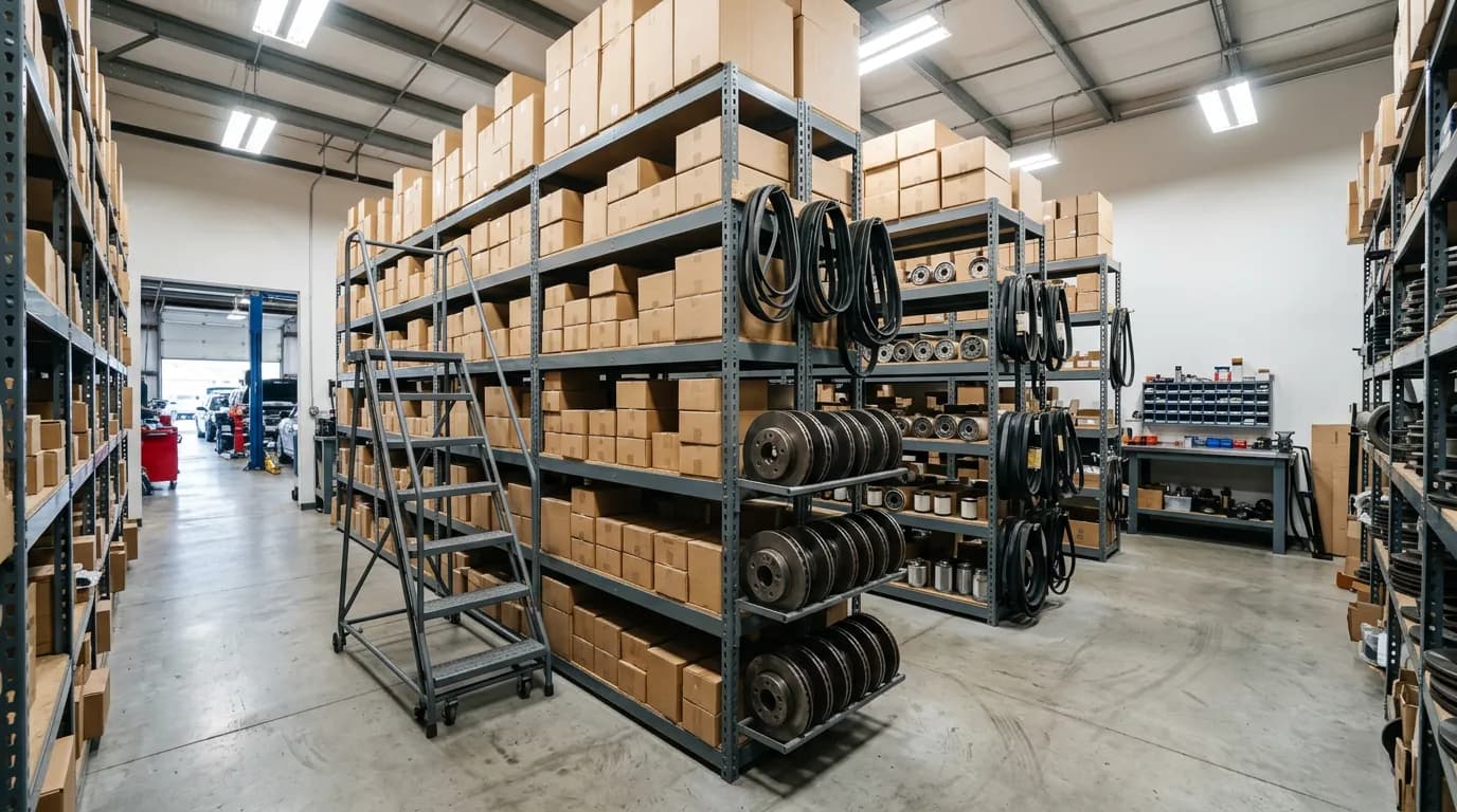 Editorial photograph illustrating automotive shop management software parts inventory for a field-service business