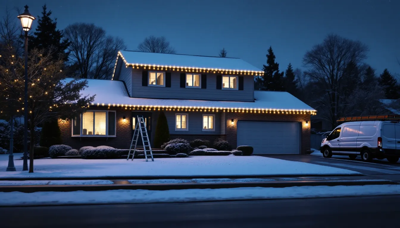 Editorial photograph illustrating holiday lighting installation pricing for a field-service business