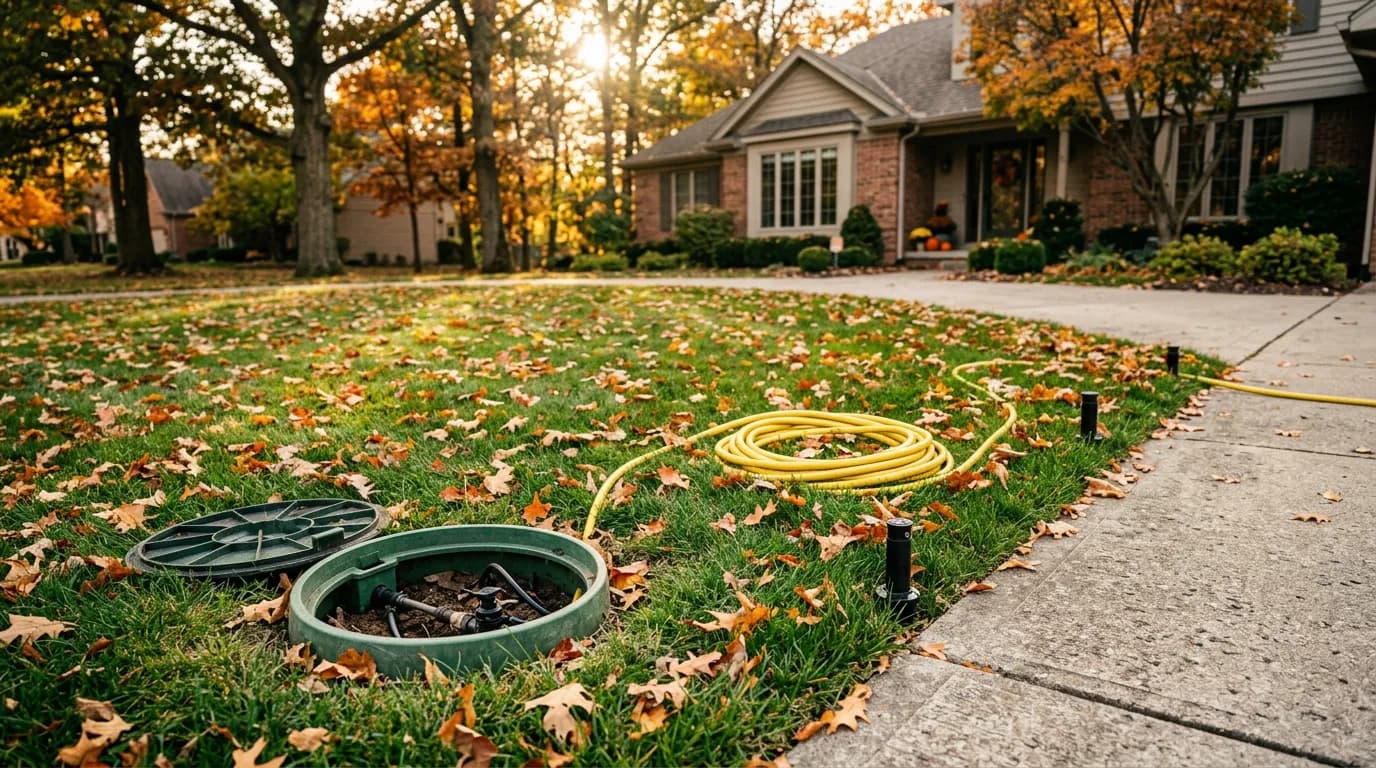 Editorial photograph illustrating irrigation winterization scheduling for a field-service business