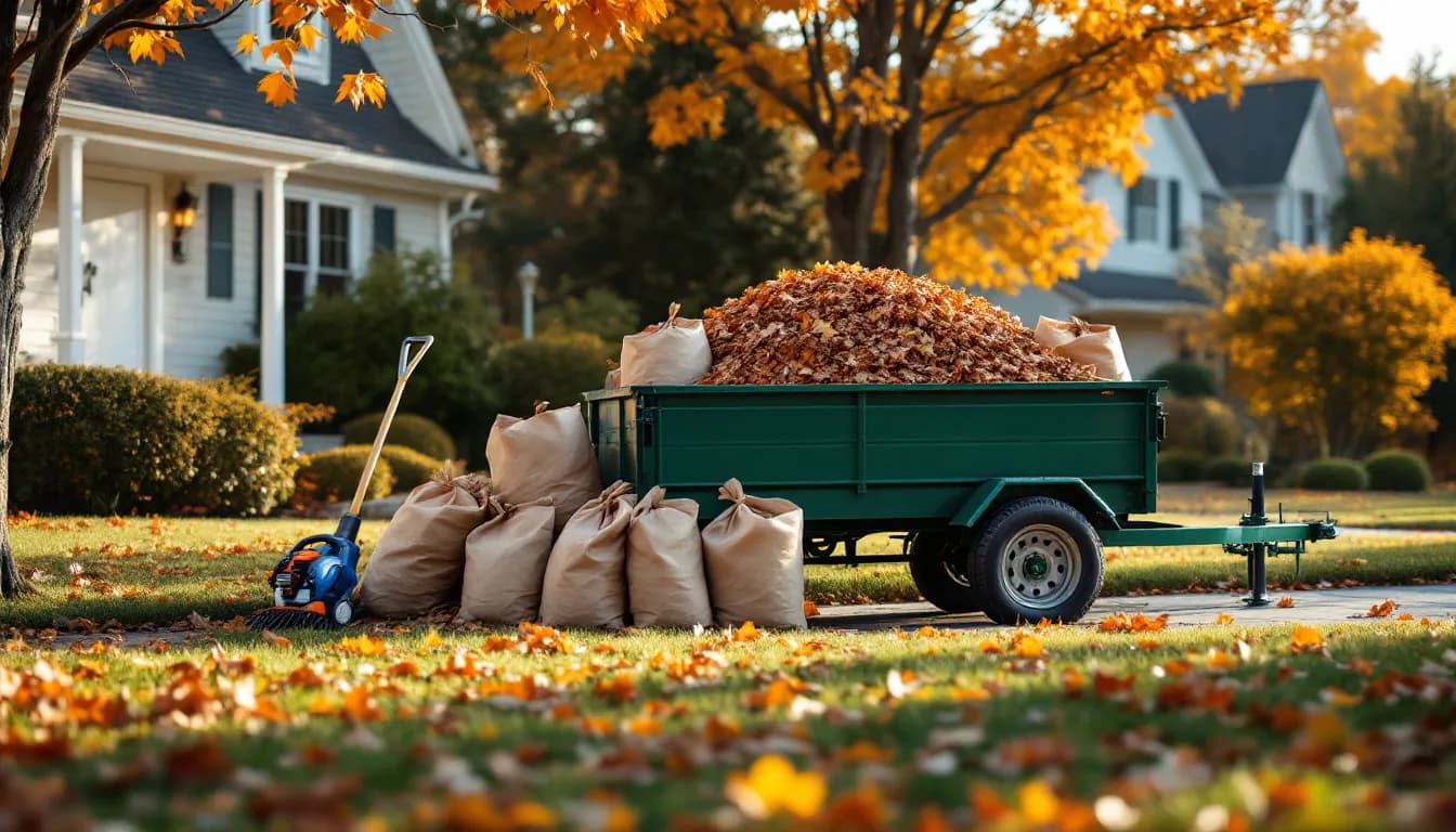 Editorial photograph illustrating fall leaf cleanup pricing for a field-service business