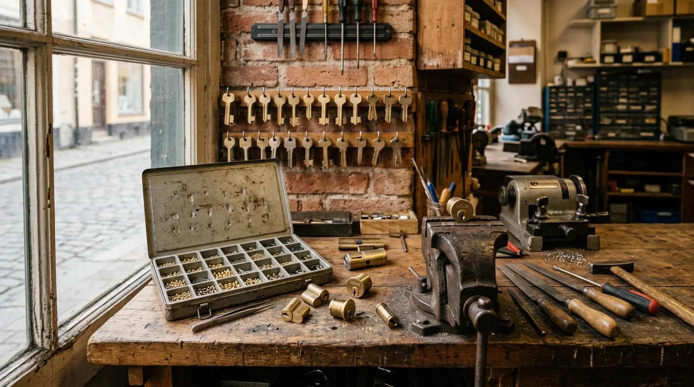 Editorial photograph illustrating locksmith customer history software for a field-service business