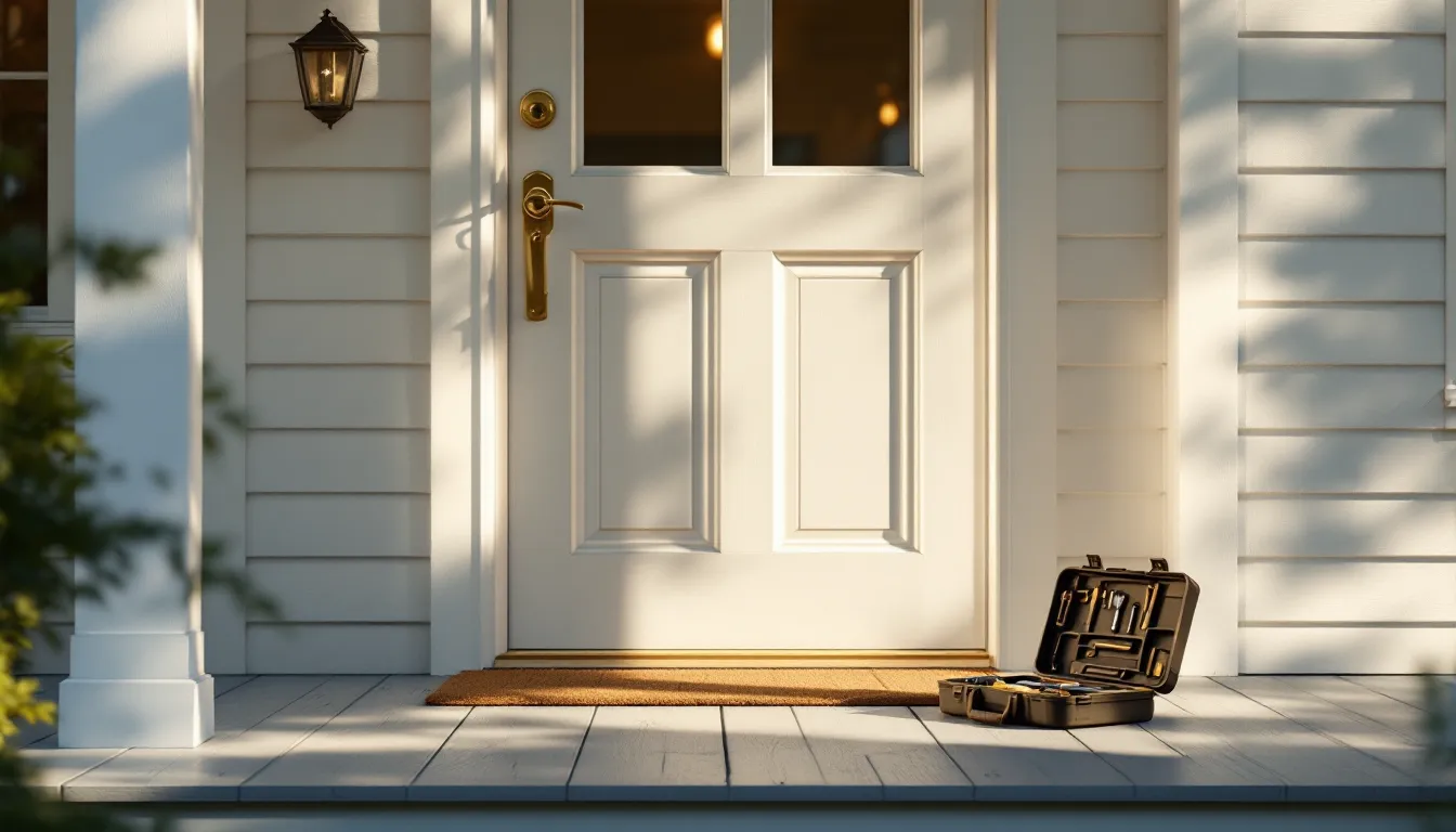 A newly installed brass deadbolt on a white farmhouse door, with an open tool case on the porch