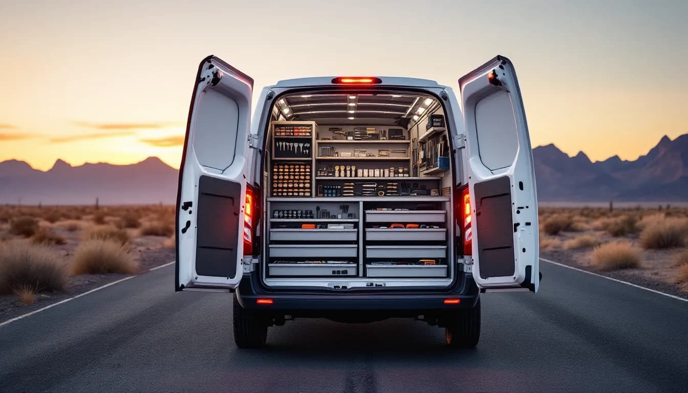 The open rear doors of a plain white work van showing organized drawers of key blanks and lock parts