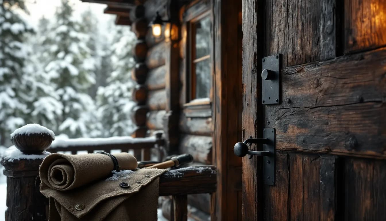 A timber cabin door with a black iron lockset and a roll of pick tools on a snowy porch rail