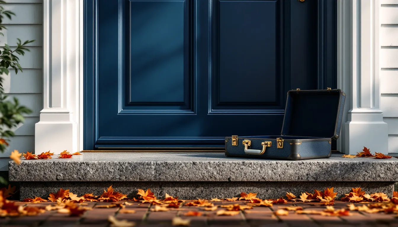 A navy colonial door with a brass mortise lock and an open locksmith case on a granite step in autumn