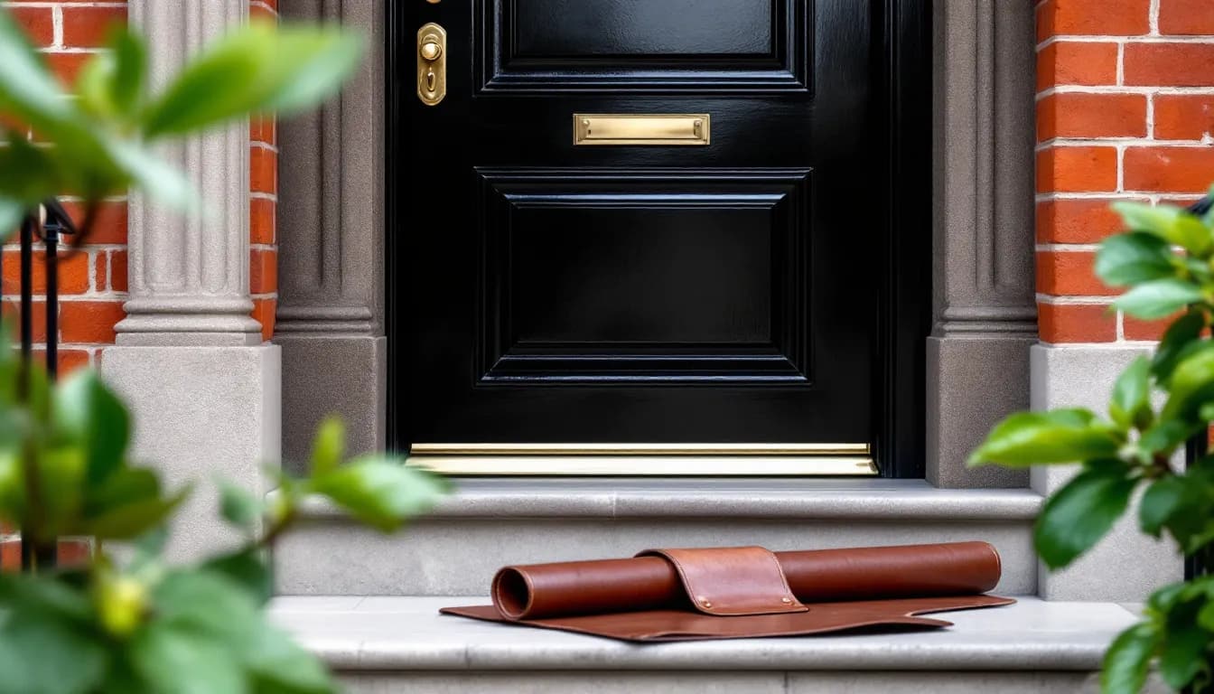 A black townhouse door with a brass mortise lockset and a leather tool roll open on the stone step