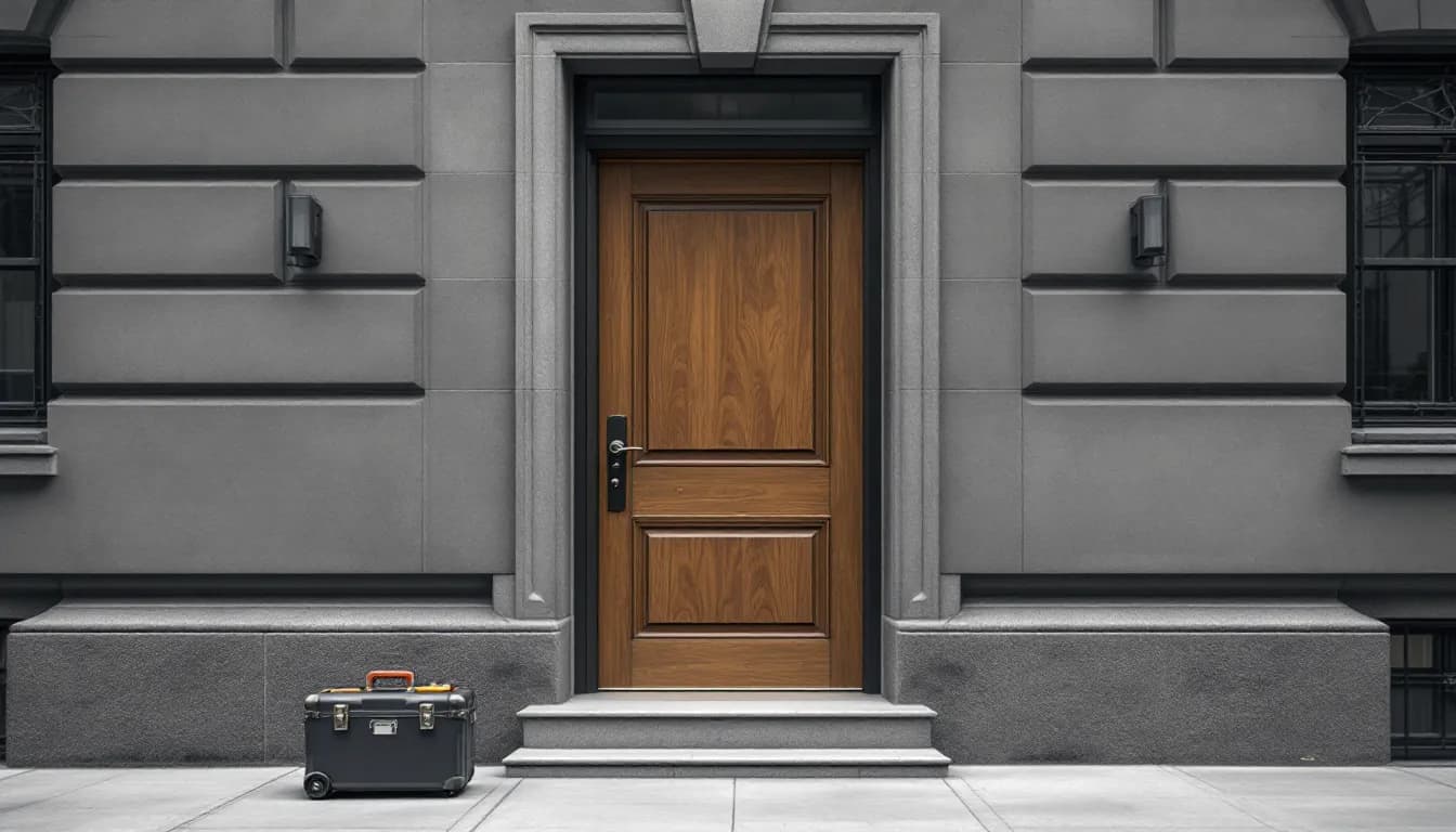 A greystone building's oak entry door with a commercial deadbolt and a rolling tool case on the stoop