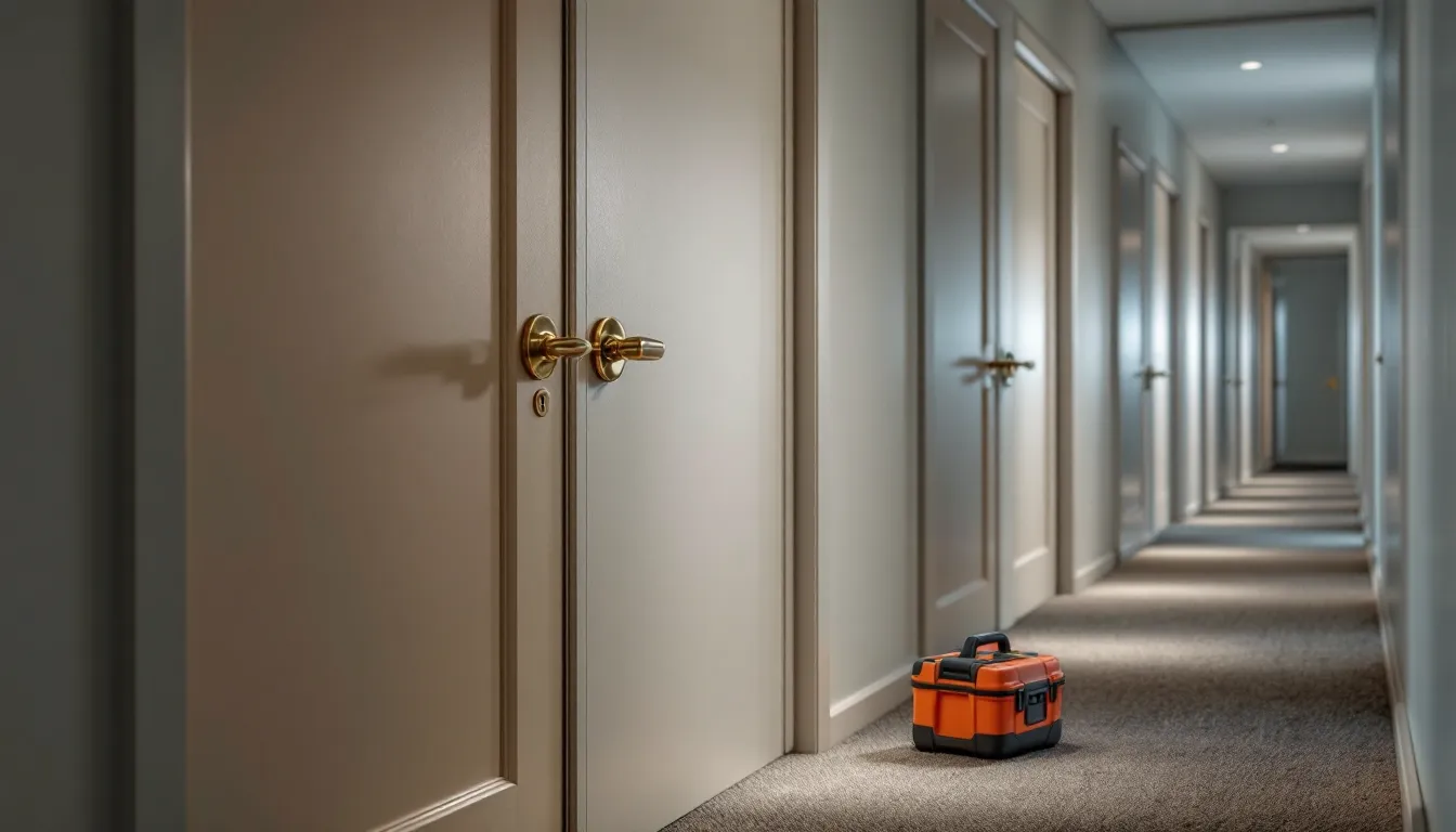 An apartment corridor door with a newly installed deadbolt and a tool case on the carpet