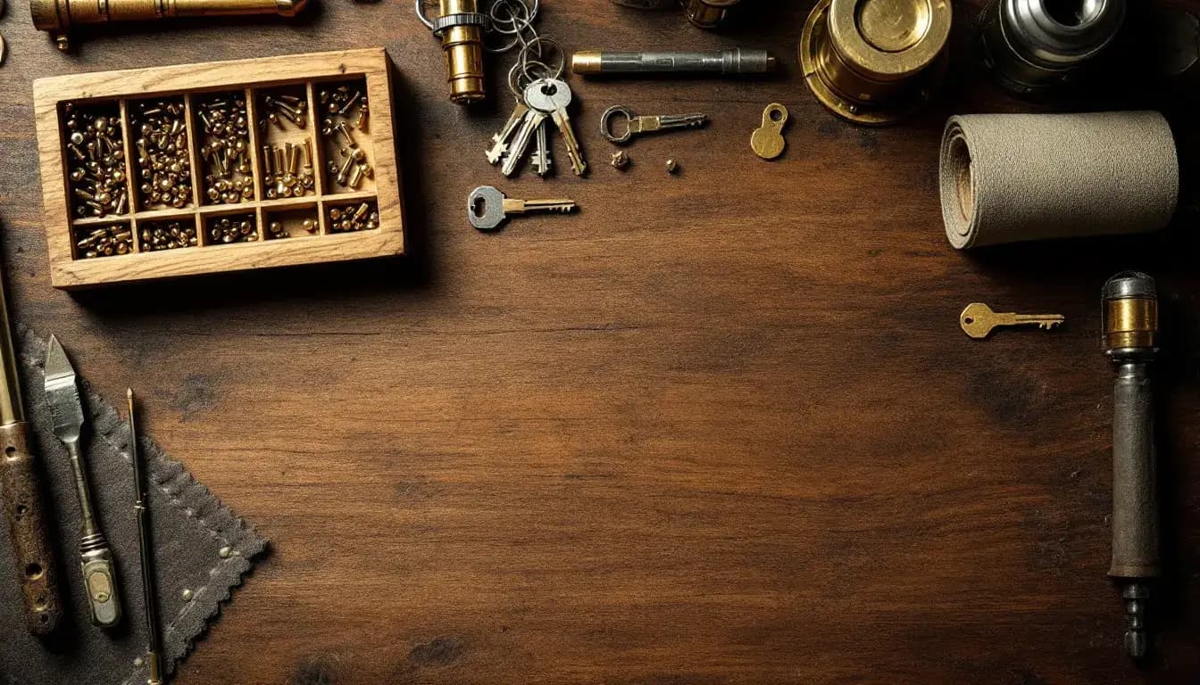 A locksmith's workbench with a pinning tray, a disassembled lock cylinder, pick tools and uncut key blanks