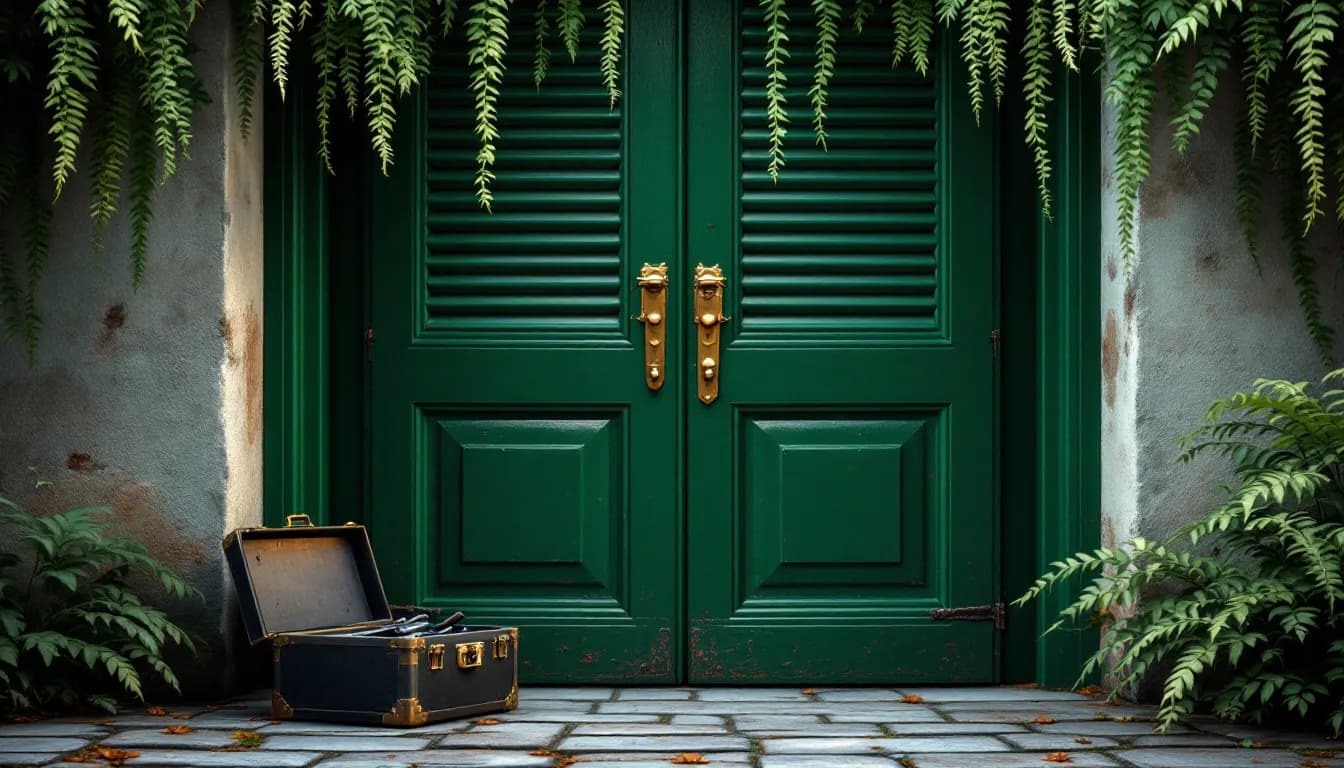 A tall louvered double door with an antique brass box lock and an open tool case on flagstones