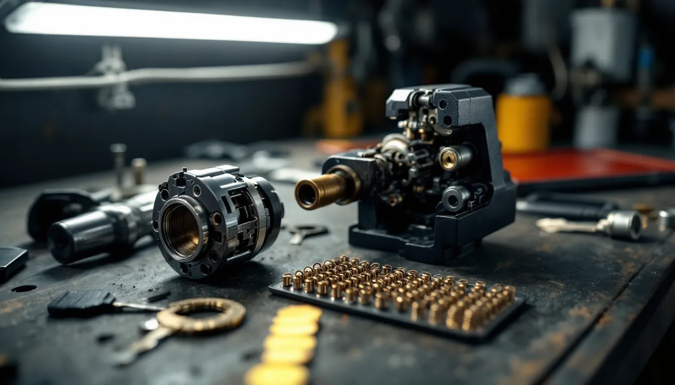 A disassembled car door lock cylinder, a vise and automotive key blanks on a garage workbench