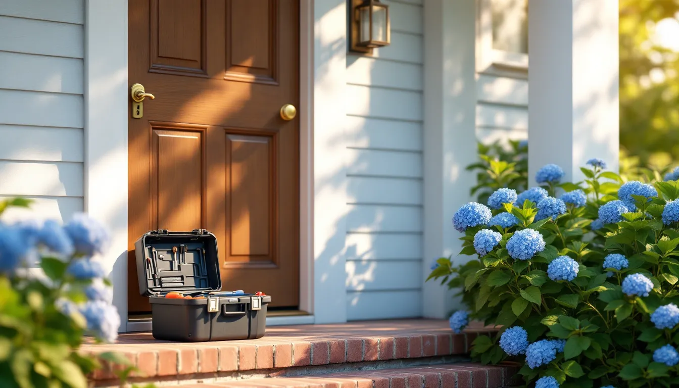 A suburban home's side door with a new brass deadbolt, a tool case on the brick stoop beside hydrangeas