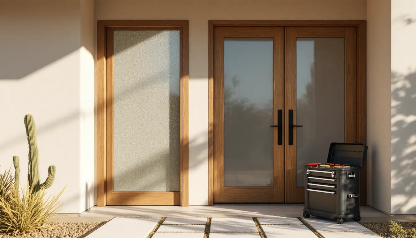 A desert-modern oak entry door with a matte black lever lock and an open tool case on concrete pavers