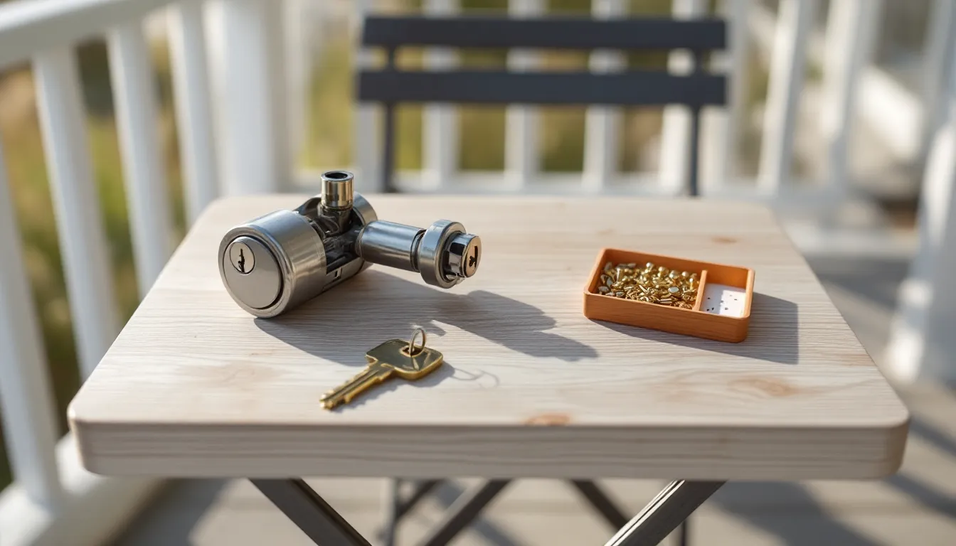 A lock cylinder taken apart for rekeying on a porch table, with pins in a tray and a follower tool