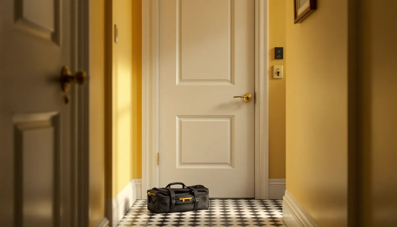 A prewar apartment door with three stacked deadbolts and a locksmith tool bag on the tiled hallway floor