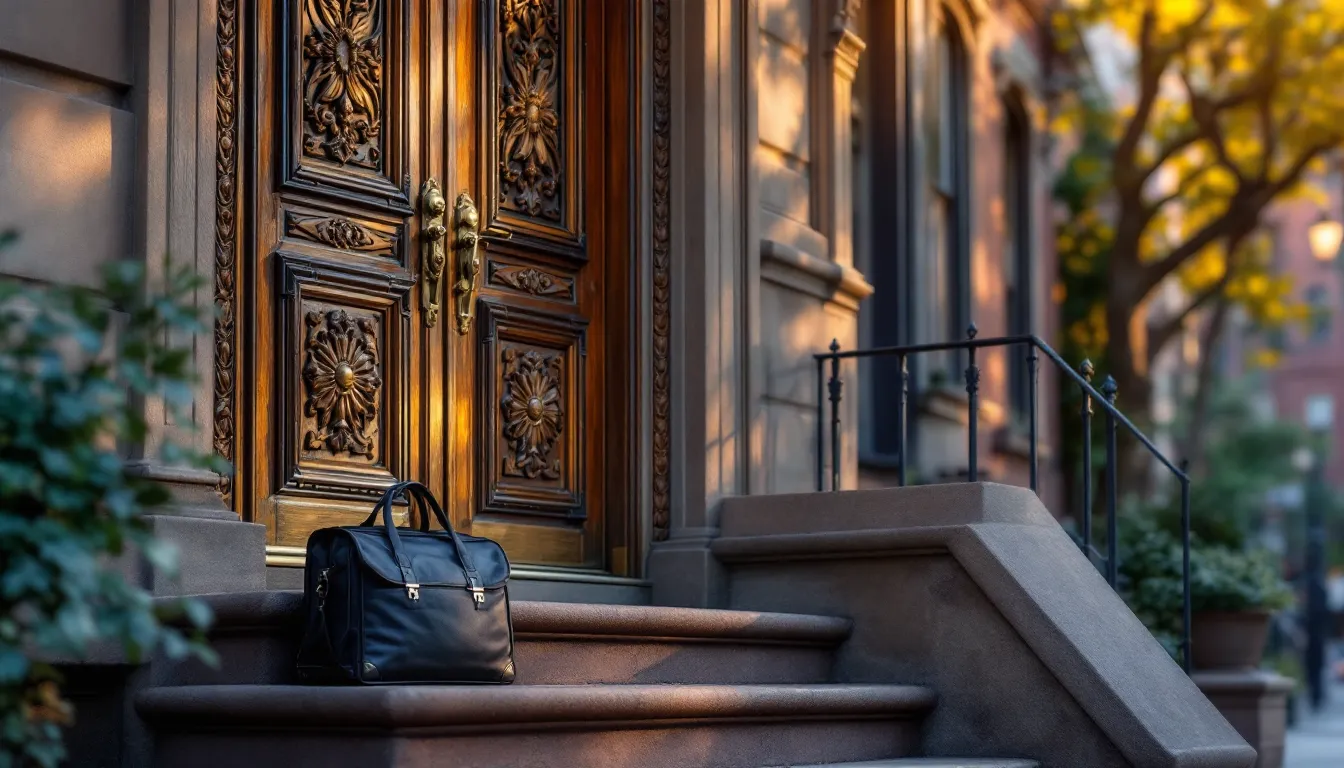 A brownstone's carved double door with an old brass mortise lock and a tool bag on the steps