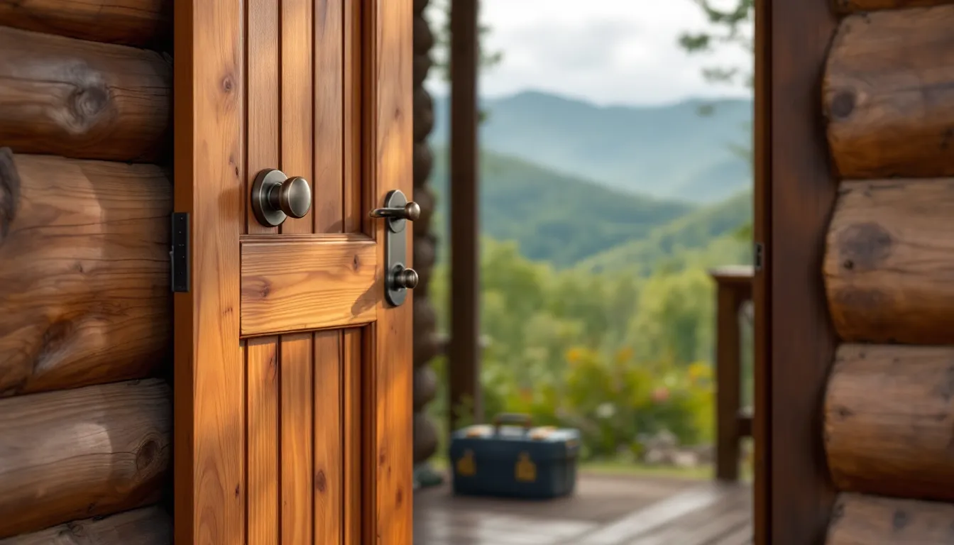 A cedar-shingled mountain home door with a bronze deadbolt and a tool case on the porch, misty hills behind