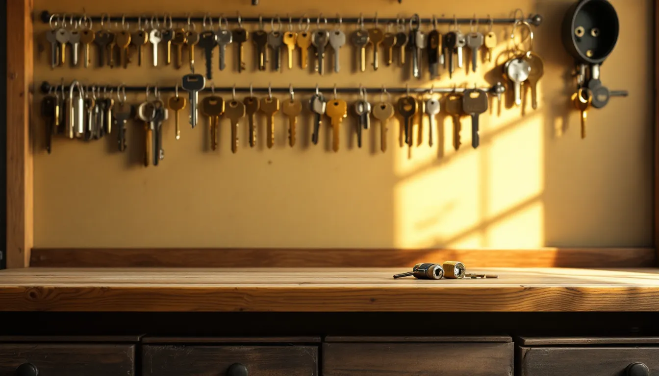 A locksmith shop wall of uncut key blanks on hooks above a counter with a disassembled padlock