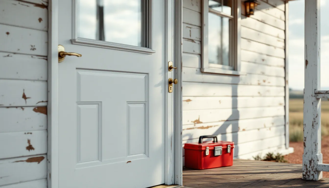 A farmhouse front door with a new deadbolt behind a white storm door, a red toolbox on the porch boards