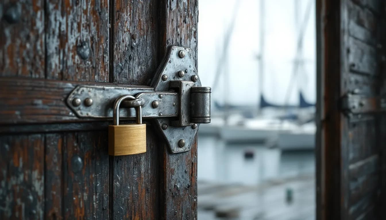 A boathouse door at a marina secured with a brass padlock on a steel hasp, sailboat masts behind