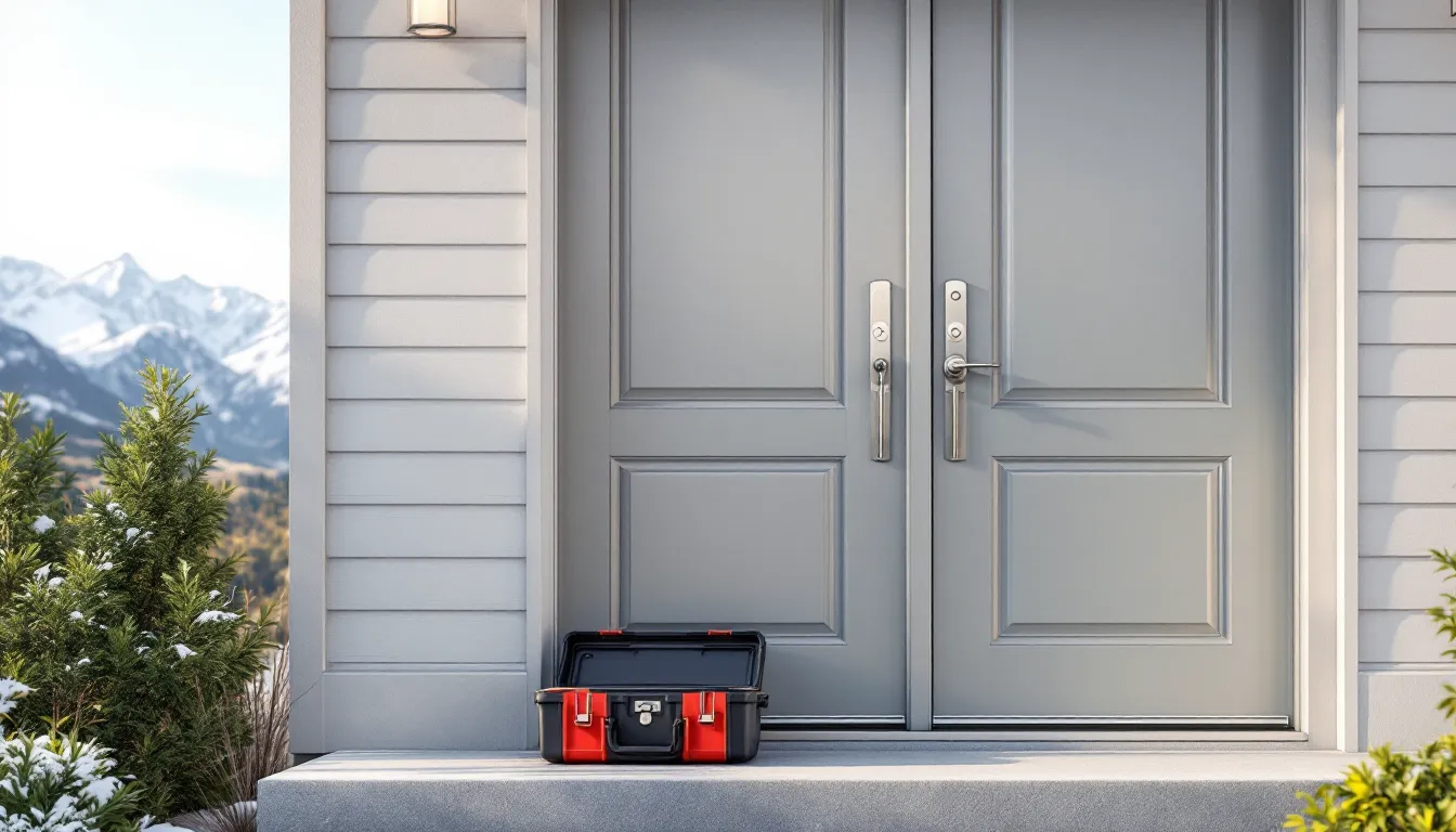 A townhouse front door with a keyed lever and deadbolt, an open tool case on the step, mountains behind