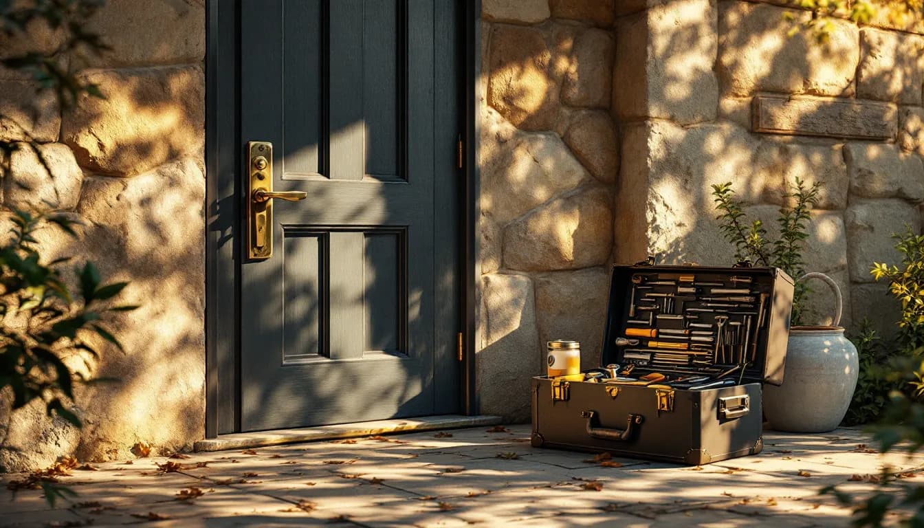 A limestone ranch house door with a bronze lever lock and an open toolbox on the flagstone porch