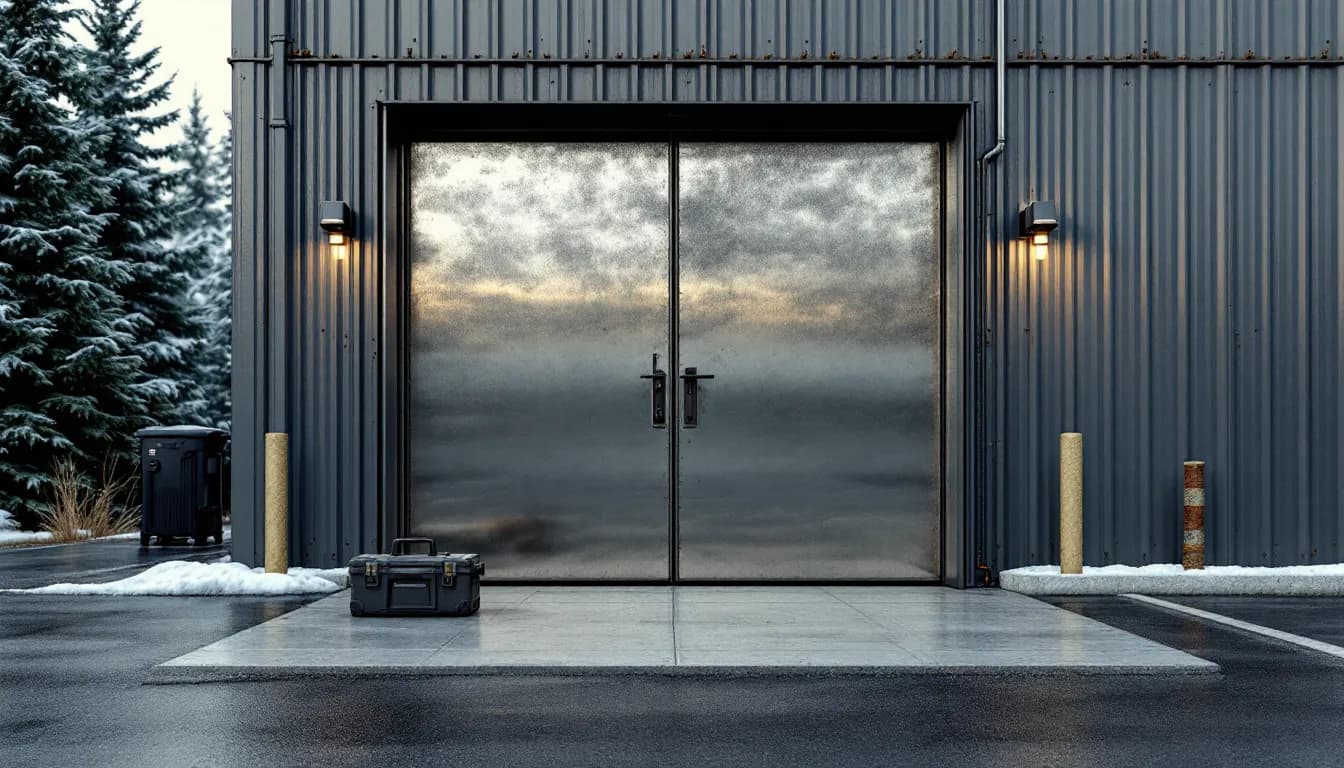 A commercial building's steel back door with a heavy deadbolt and door closer, a toolbox on the asphalt