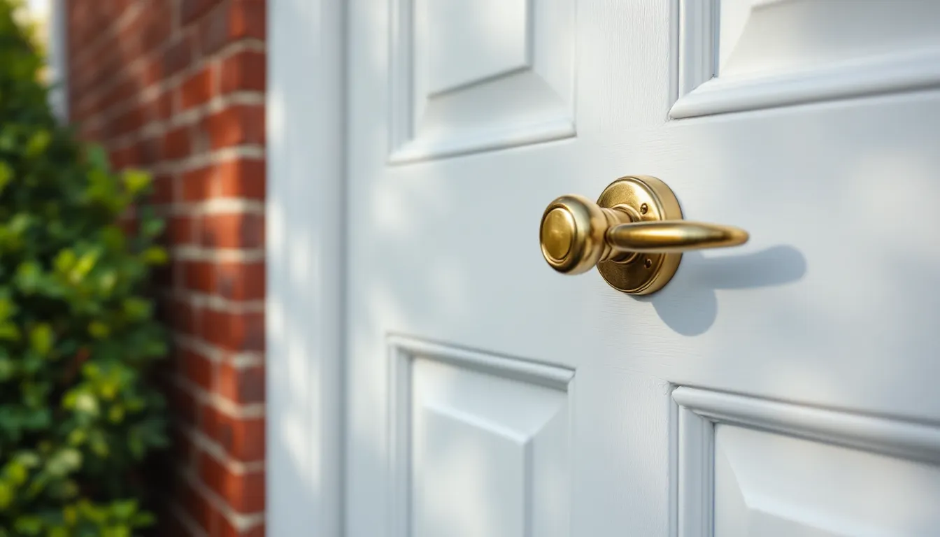 A brass lever handle on a white six-panel colonial door, with red brick and a boxwood hedge behind