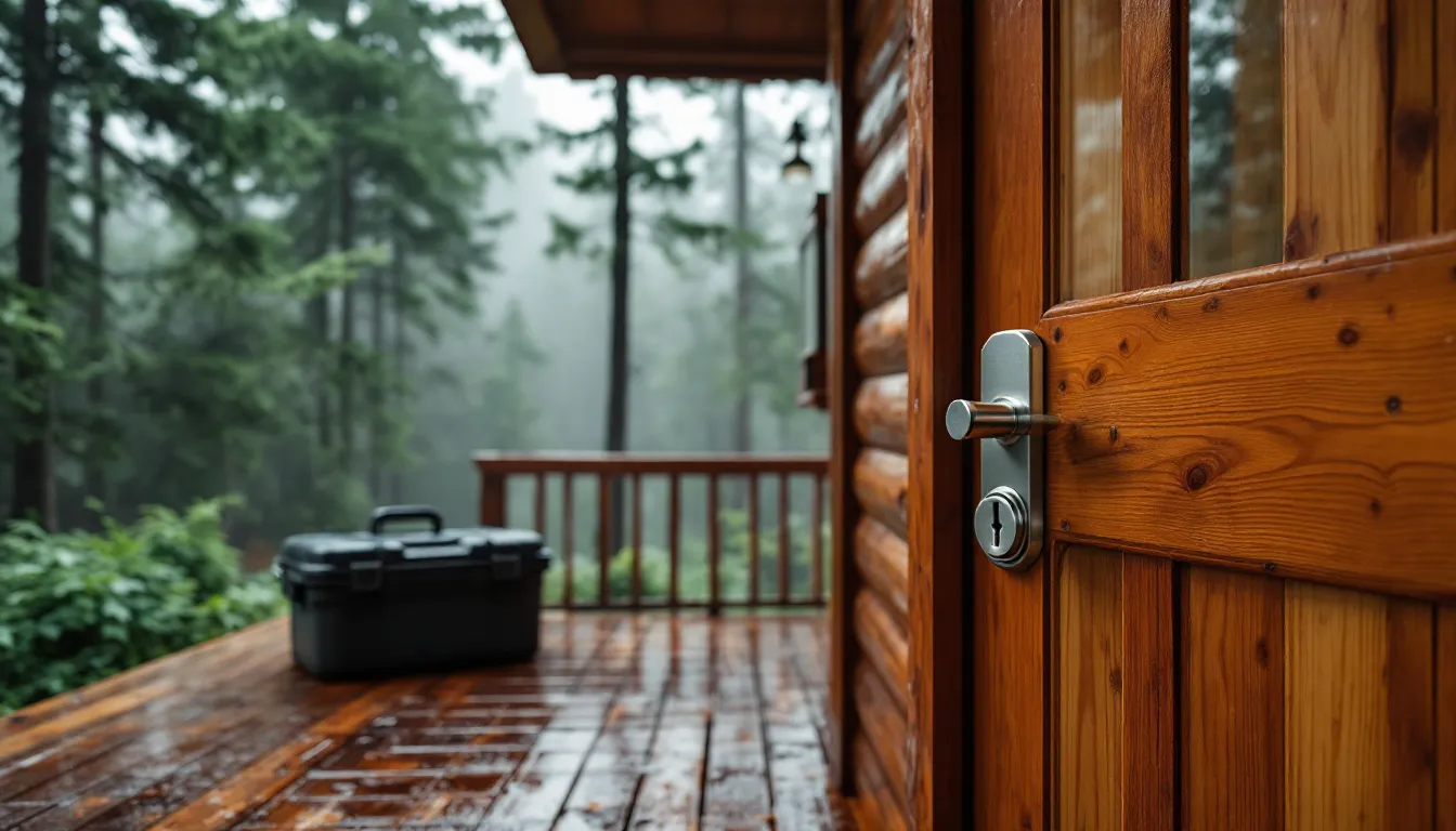 A forest cabin door with a new steel deadbolt and a tool case on a wet cedar deck