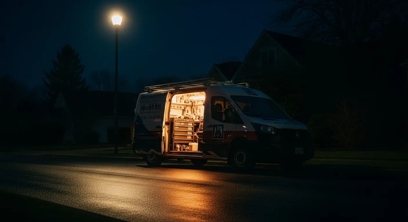 Locksmith service van under a streetlight at night on an emergency call