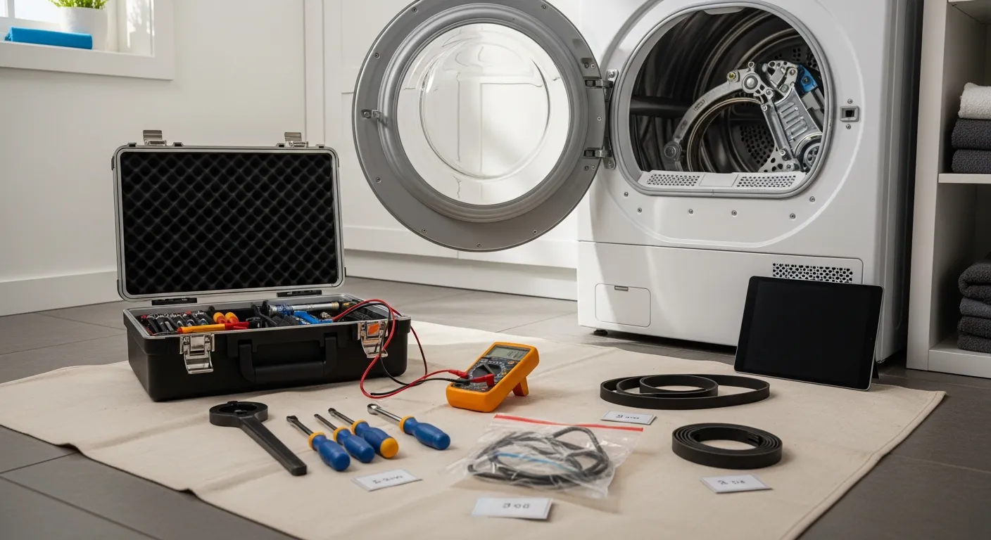 Appliance repair service case open beside a pulled-out dryer in a home laundry room, multimeter and nut drivers laid out ready for a diagnosis