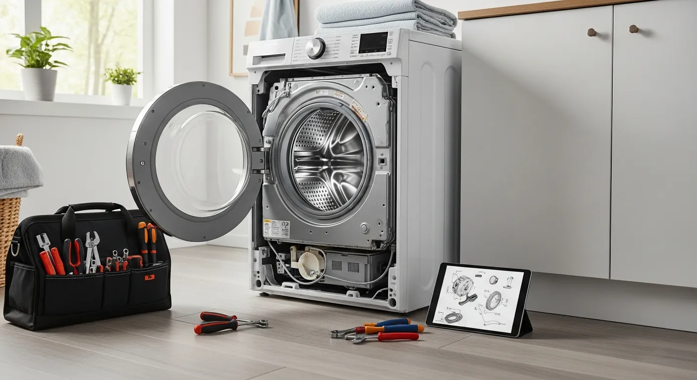 Washing machine under repair with tool bag and tablet showing a parts diagram
