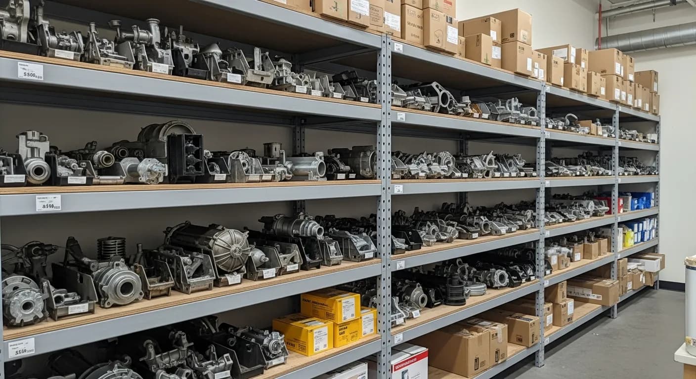 Editorial photograph illustrating appliance repair parts inventory for a field-service business