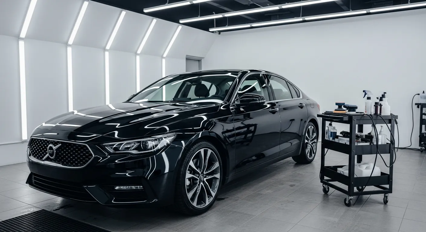 Freshly detailed sedan with glossy paint in a professional detailing bay with organized supplies