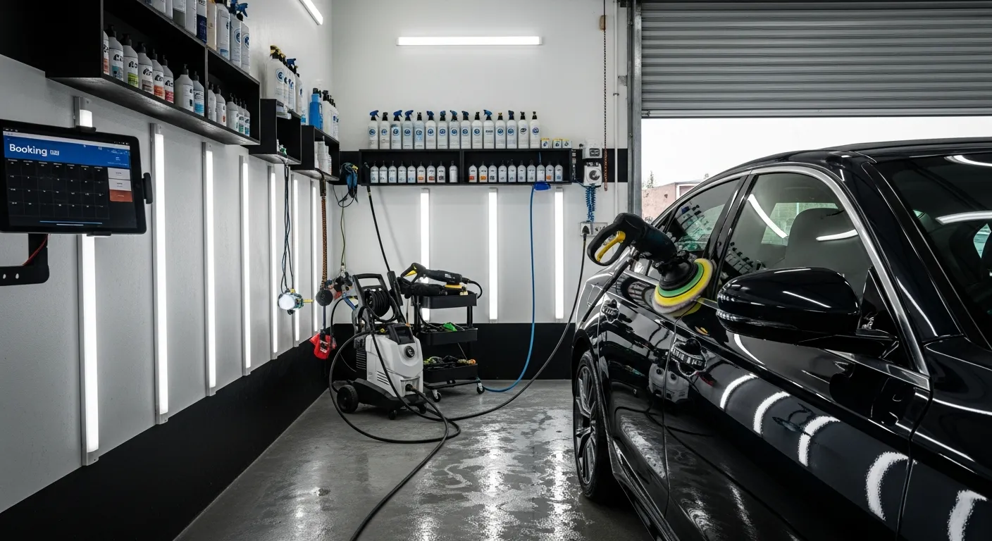 Editorial photograph illustrating auto detailing software for a field-service business