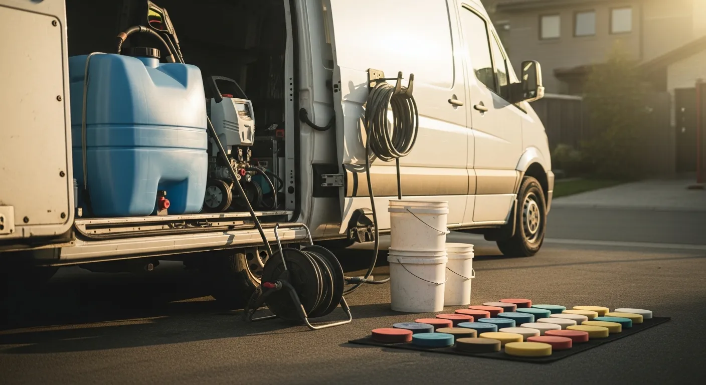 Editorial photograph illustrating mobile detailing business software for a field-service business