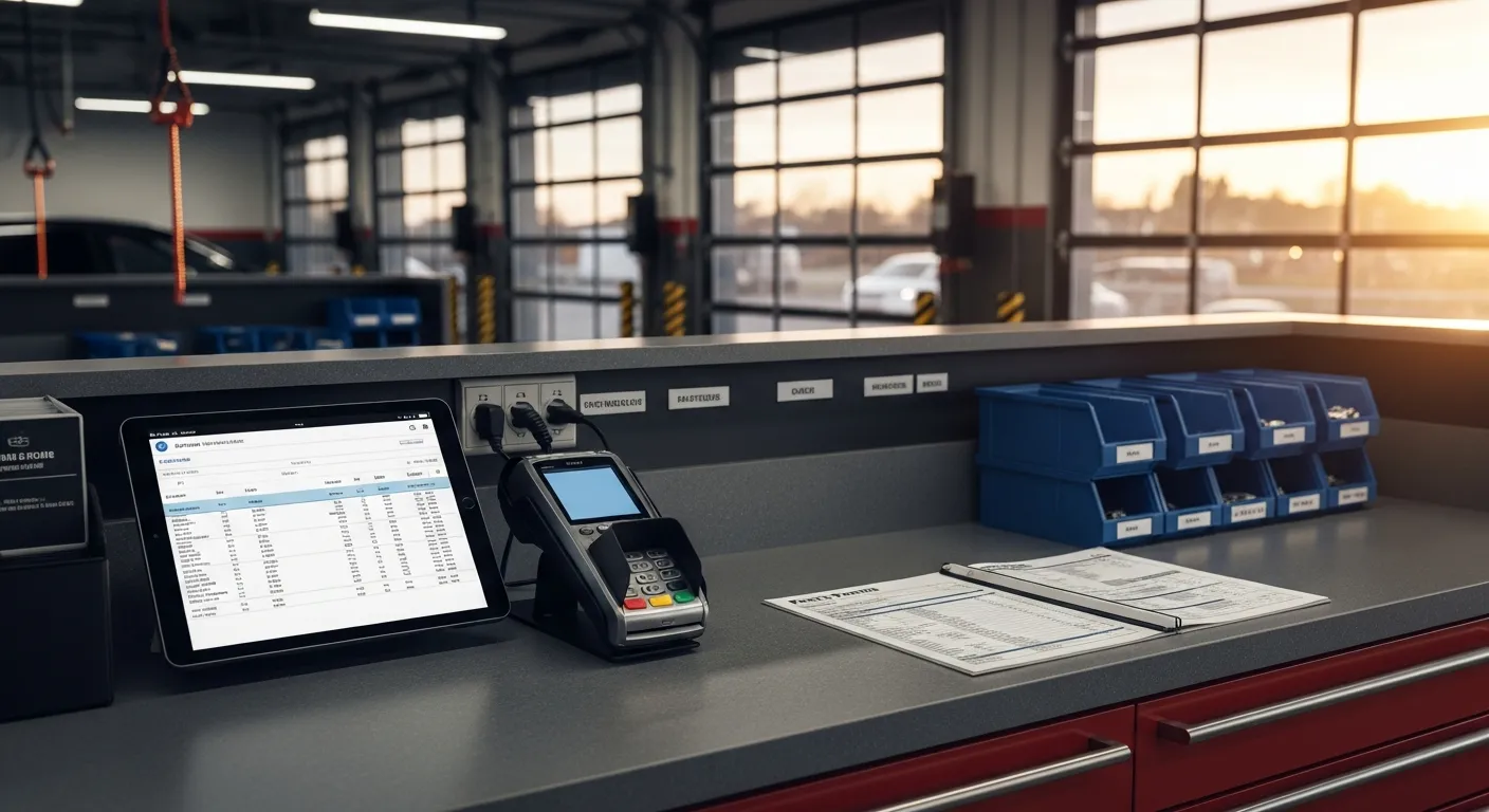 Editorial photograph illustrating automotive shop management software cost for a field-service business