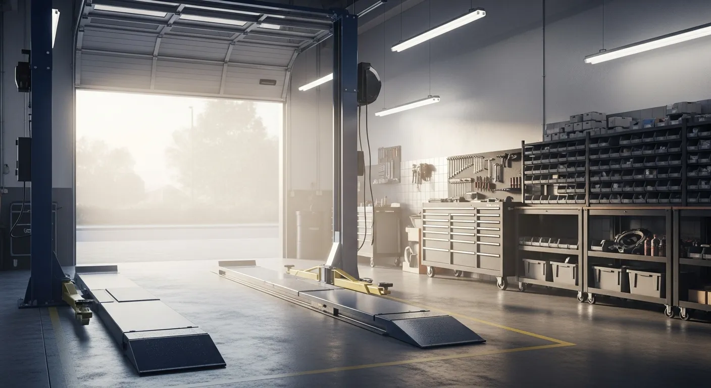Editorial photograph illustrating automotive shop management software for a field-service business