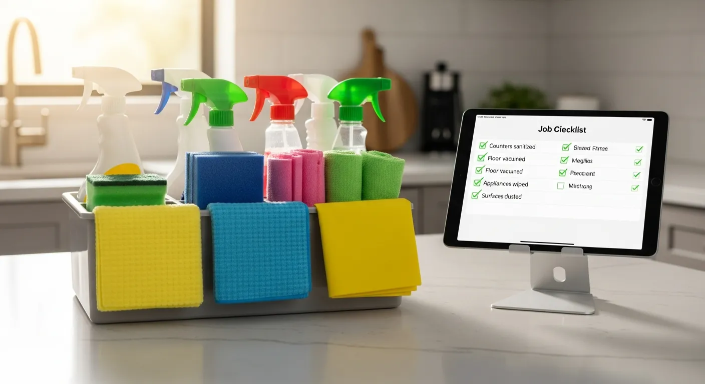 Professional cleaning supplies and a tablet with a digital job checklist on a bright kitchen counter