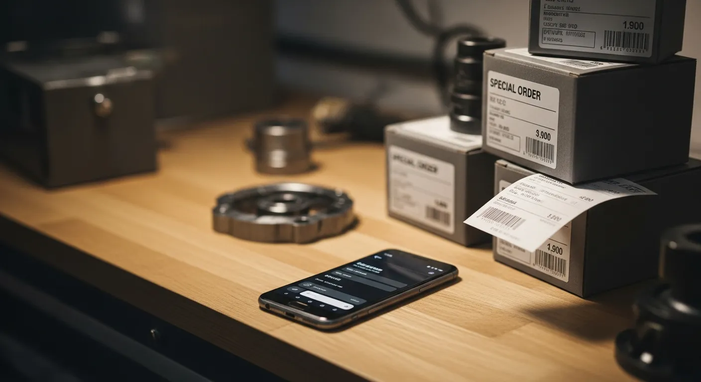 Smartphone showing a payment screen next to special-order parts boxes on a workbench