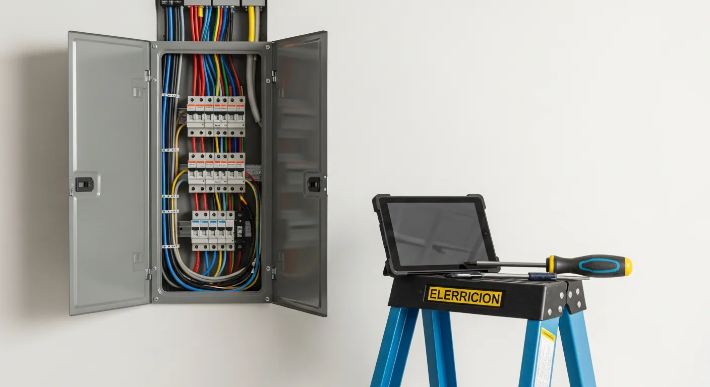 Newly installed residential electrical panel with the dead front removed, showing neatly dressed circuit conductors and labeled breakers
