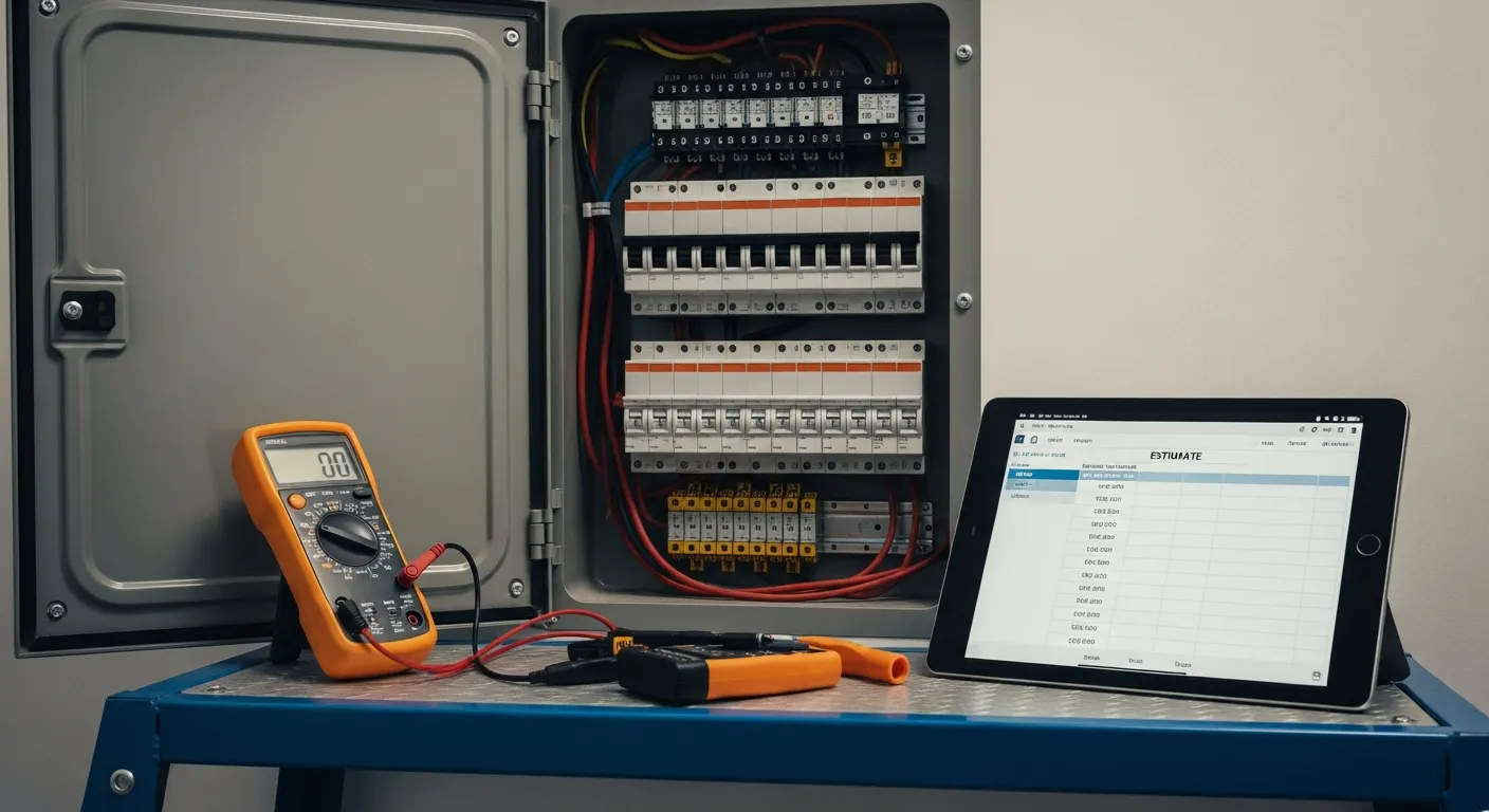 Electrical panel with multimeter and tablet showing an itemized electrical estimate