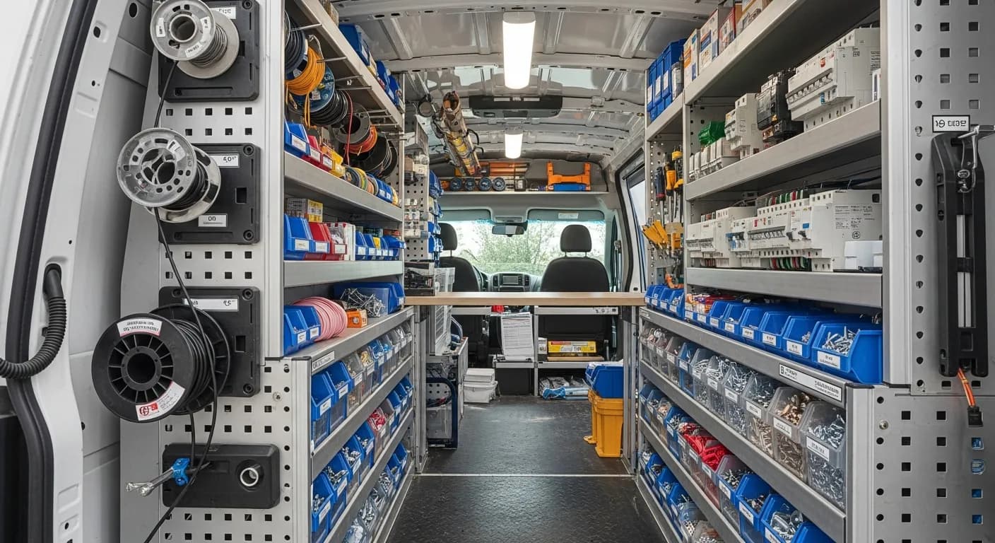 Electrician van interior with organized wire spools, breakers, and labeled parts bins