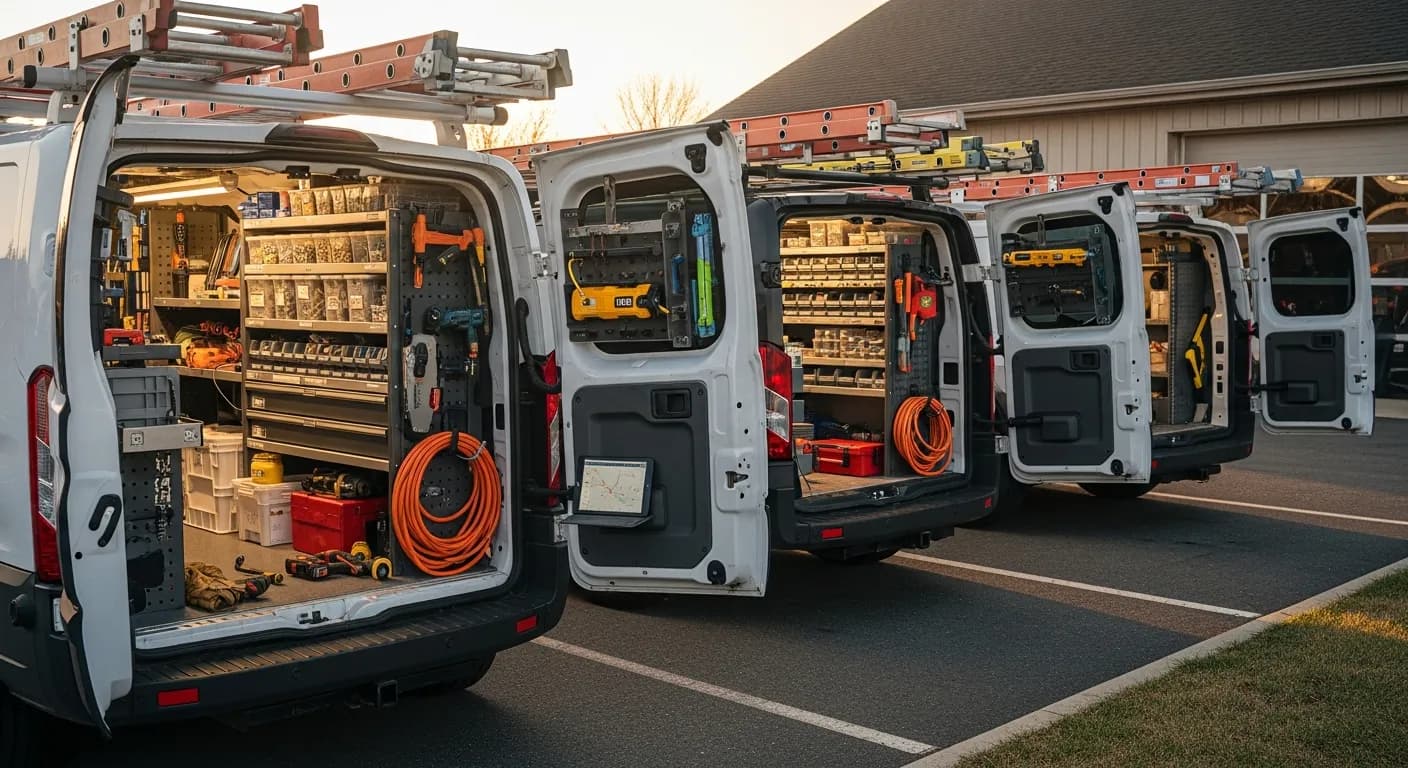 Three service vans parked in a row outside a small contractor shop at early morning, tool organizers and parts bins visible through open rear doors