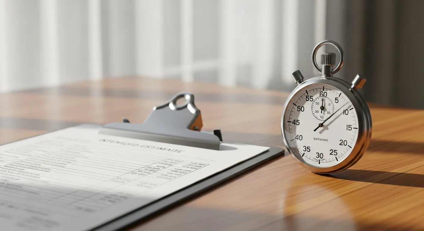 Clipboard with an itemized estimate beside a stopwatch, representing flat-rate versus hourly pricing