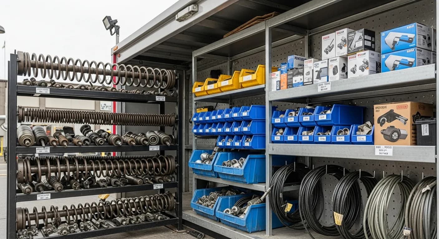 Editorial photograph illustrating garage door truck stock for a field-service business