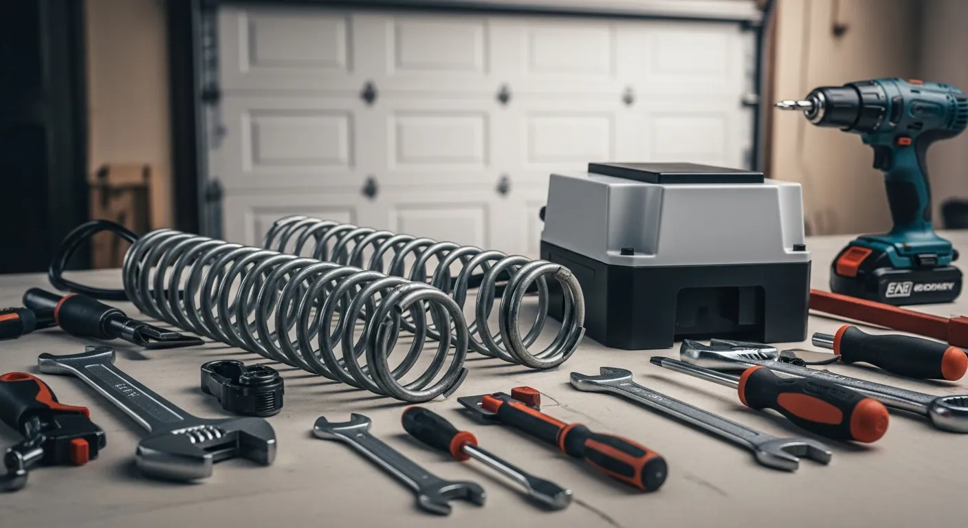 Garage door torsion springs and opener unit on a workbench before installation