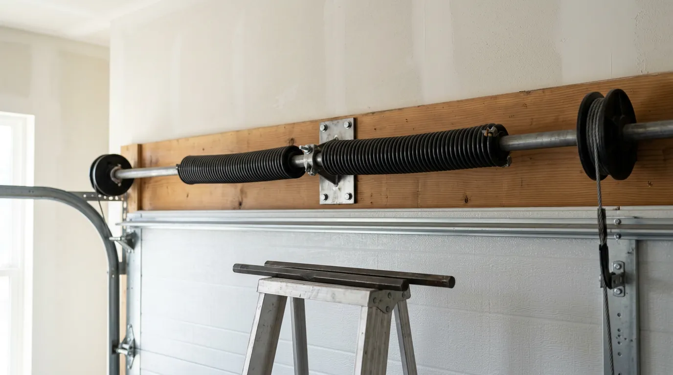 Editorial photograph illustrating garage door spring replacement pricing for a field-service business