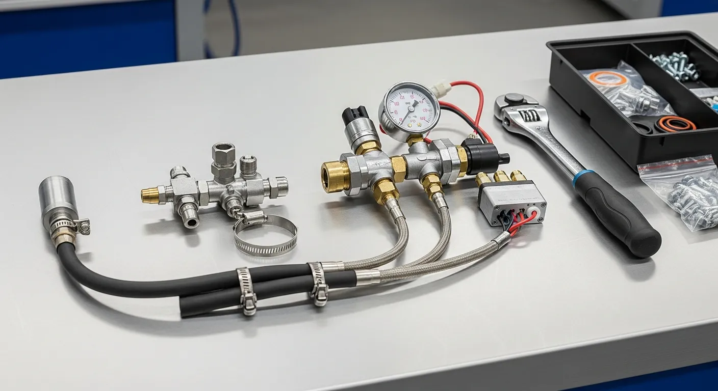 Three tiers of service parts arranged in a row on a service-bay workbench beside a torque wrench and an open parts tray