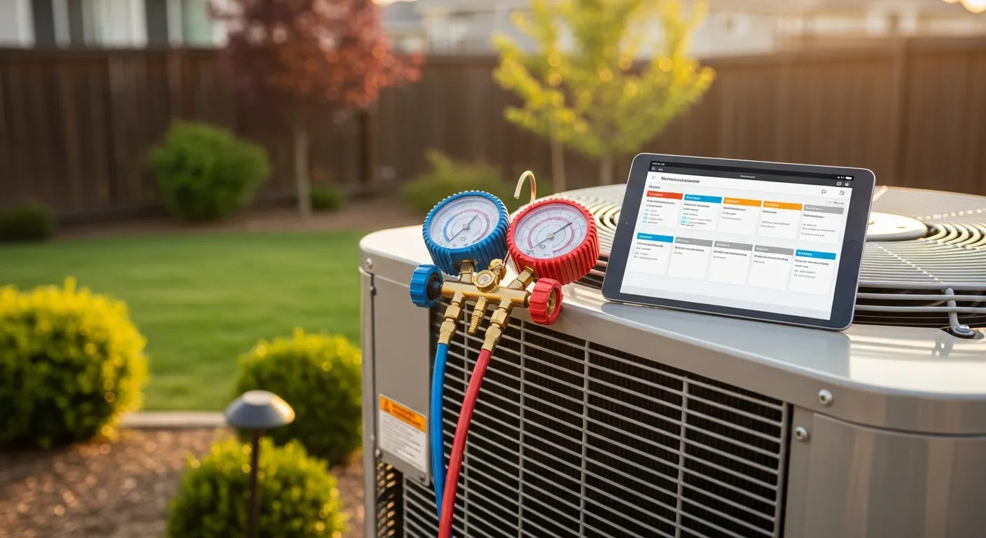 HVAC condenser with gauge set connected and a tablet showing a maintenance schedule